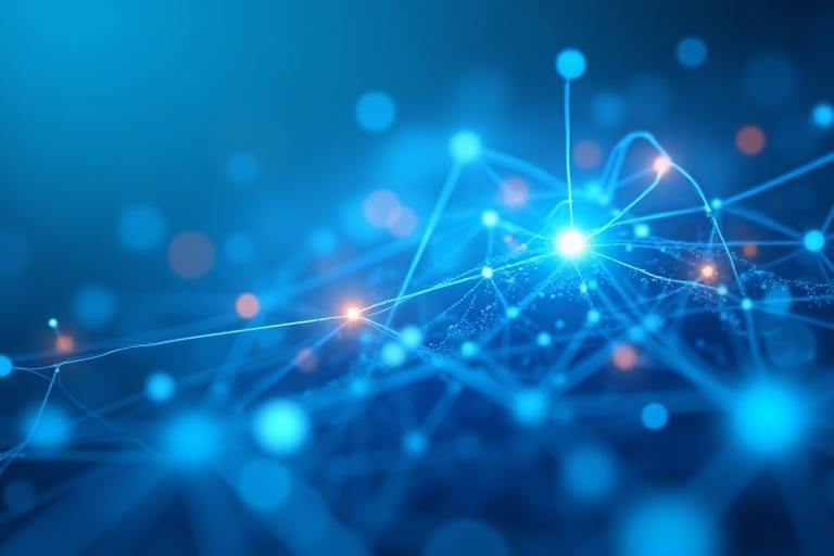 Une image abstraite montrant des réseaux neuronaux connectés à des symboles éducatifs pour représenter la mission de Ciel AI de démocratiser l'éducation intelligente.